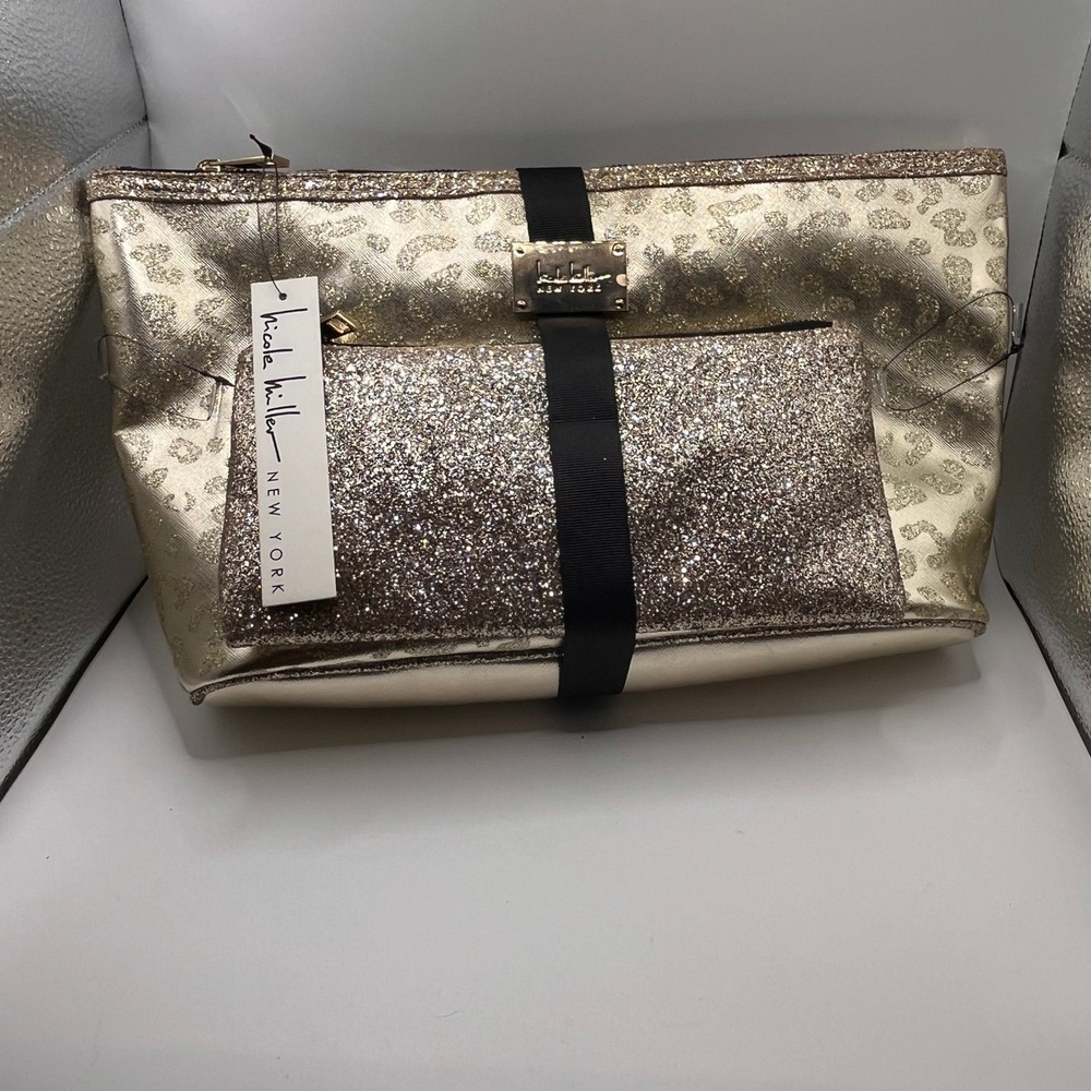 Nicole Miller New York Gold Leopard Glitter Cosmetic Bag Pouch Set NWT